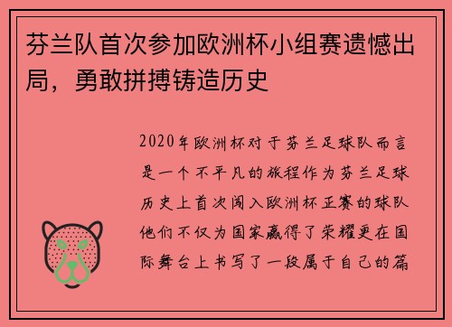 芬兰队首次参加欧洲杯小组赛遗憾出局，勇敢拼搏铸造历史