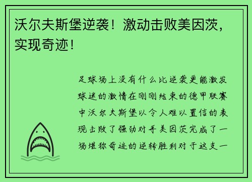 沃尔夫斯堡逆袭！激动击败美因茨，实现奇迹！